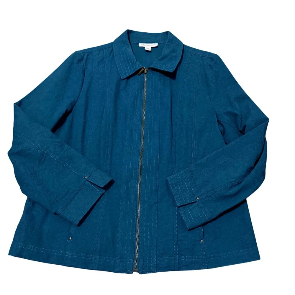 Coldwater Creek Womens Jacket Size 16 Teal Long Sleeve‎ 2 Pockets 100% Cotton